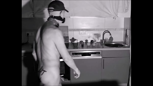 naked pathetic slave in penis cage doing housekeeping, cucumber fuck, dildo use in kitchen, dirty slut,